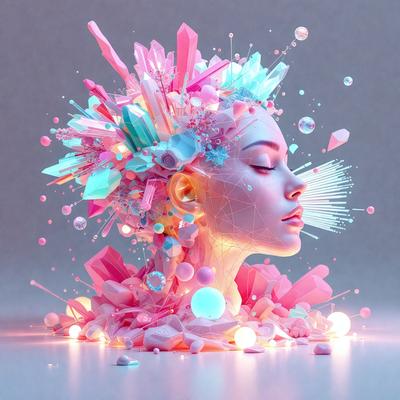 The primary subject of the image is a woman's head, which is the main focus of the scene. The setting is a futuristic environment, with the woman's head surrounded by a variety of colorful and abstract shapes, including crystals, bubbles, and other geometric patterns. The visual style of the image is a combination of digital art and illustration, creating a unique and vibrant atmosphere. The dominant colors in the image are pink, blue, and purple, which contribute to the overall mood of the scene.